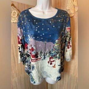 CW Classic Blue and Cream Winter Scene 3/4 Sleeve Top